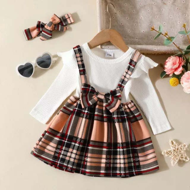 Toddler Girls Long Sleeve Plaid Prints Dress Ribbed Bowknot Dresses Clothes