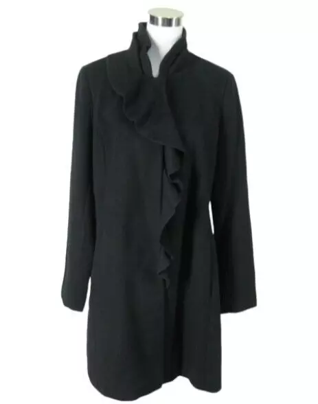 DKNY Wool Coat Sz 12 Black Overcoat Wool Blend Front Ruffle Stand Up Collar