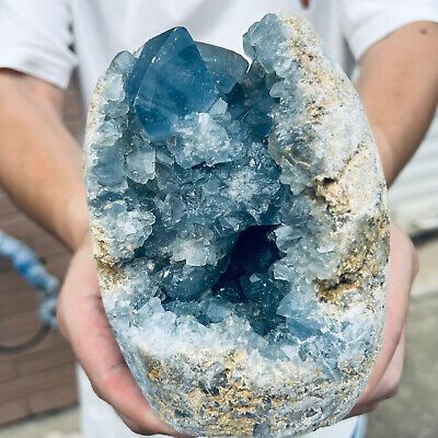 3.78LB natural blue celestite geode quartz crystal mineral specimen healing