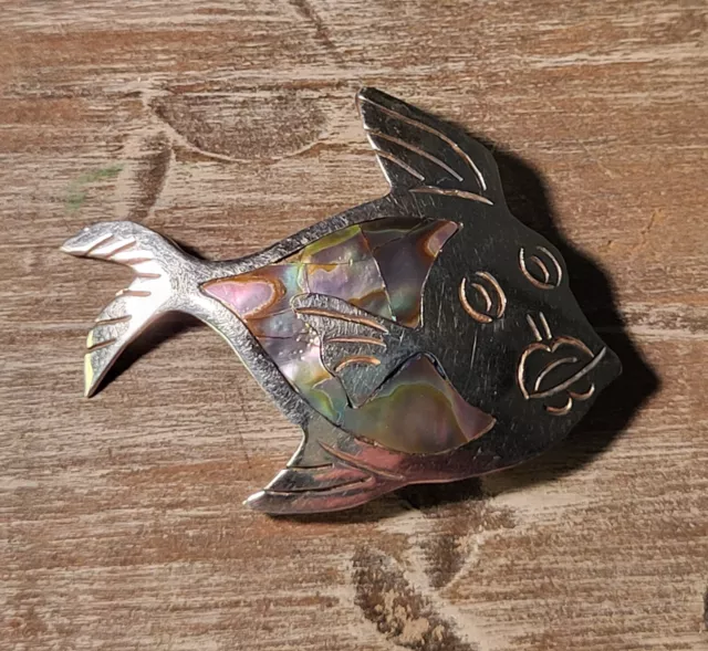 Vintage Sterling Silver Abalone Fish Brooch 925 Mexico Pin