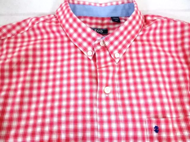 IZOD-Mens Short Sleeve Casual Button Down Shirt-Large-PINK Gingham Plaid-No Iron