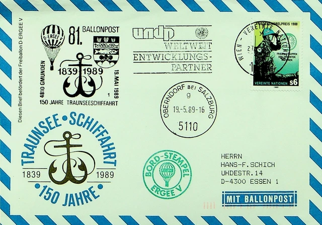 Un Österreich 1989 Traunsee Schiffahrt Pro Juventute Balloon Post 6s Cvr Sich