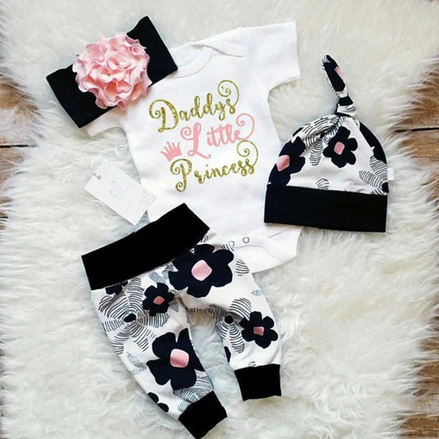 Newborn Baby Girl Clothes Flower Jumpsuit Romper Bodysuit+Headband Pants Outfit