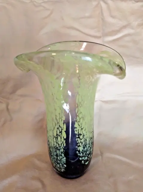 Thick Blue & Green Hand-Blown Glass Vase Abstract Art Glass 7.5" Tall