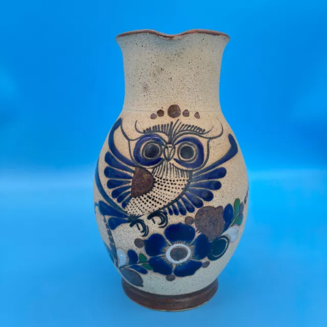 Mexican Tonala Stoneware Pitcher Blue Owl Unglazed Hand Painted Signed J Campe