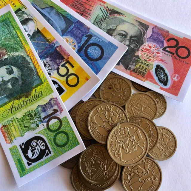 64 Pce Australian Play Money Coins & Notes Maths Pretend Shopping Gambling Games