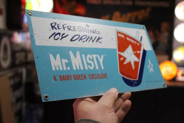 RARE 1950s REFRESHING ICY DRINK MR. MISTY DAIRY QUEEN SERVICE PAINTED METAL SIGN