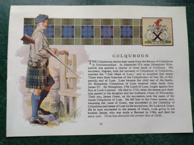 Schottischer Nachname Geschichte Crawford / Colquhoun Clan Tartan Vintage BK Druck 1957