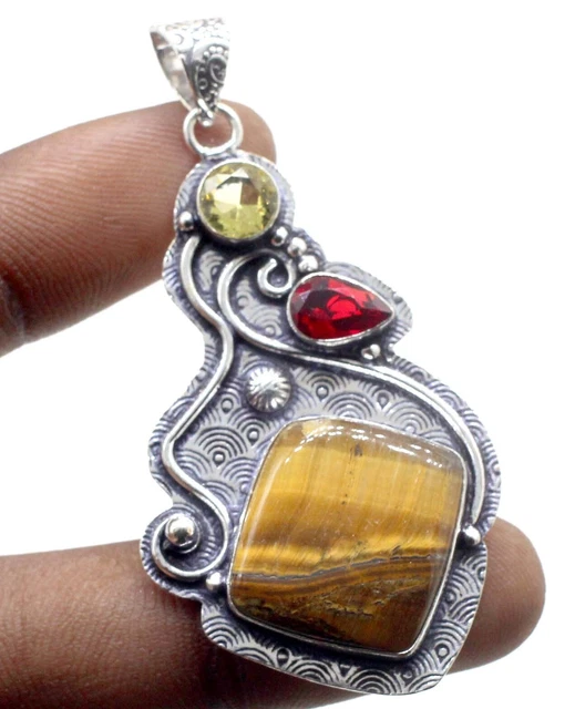 925 Sterling Silver Tiger's Eye & Garnet Gemstone Jewelry Pendant Size-2.10"