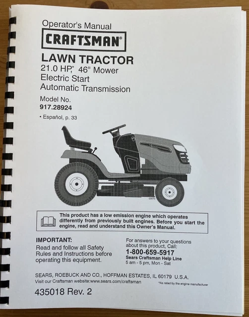 OWNER’S MANUAL SEARS Craftsman 21.0 HP Lawn Tractor 46” Mower - Model ...
