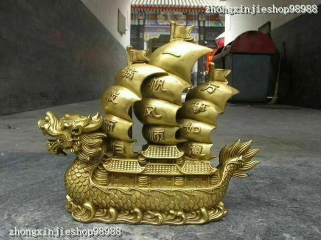 13"China Feng Shui Pure Brass Copper Every thing goes well Dragon Boat Ship