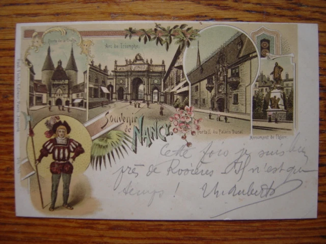CPA illustrée Souvenir de Nancy  Arc de Triomphe Monument de Thiers Palais Ducal