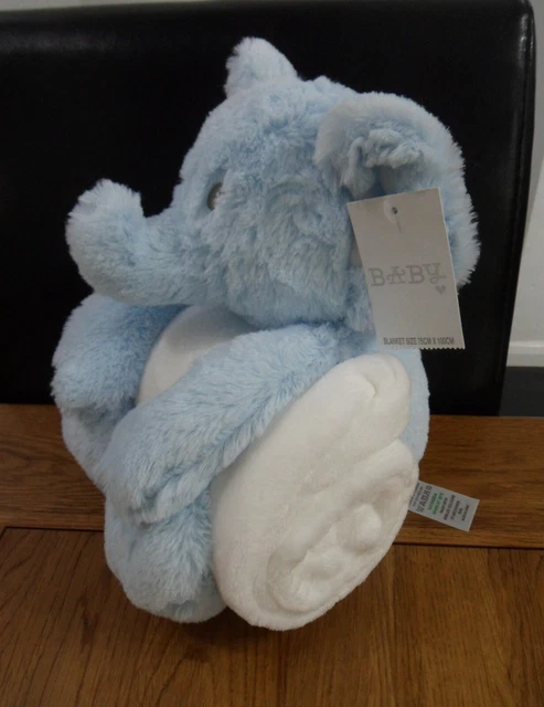 NEW MATALAN BLUE ELEPHANT SOFT TOY HOLDING A 75cm x 100cm WHITE BLANKET