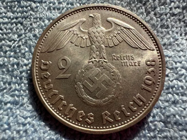 1938 German Third Reich Hindenburg 2 Reichsmark Silver Coin