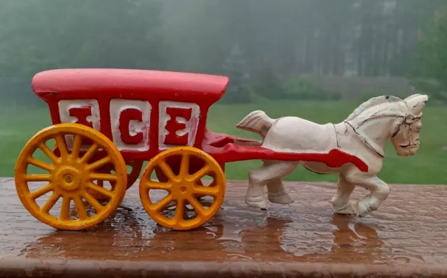 Vintage Cast Iron White Horse Drawn Red Ice Wagon Carriage Yellow Wheels  7 1/2"