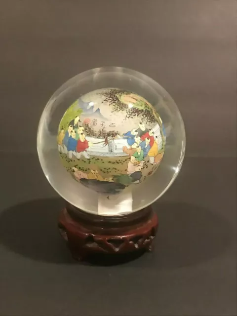 Vintage Asian Chinese Day Outside Hand Painted Inside Reverse Art Glass Globe