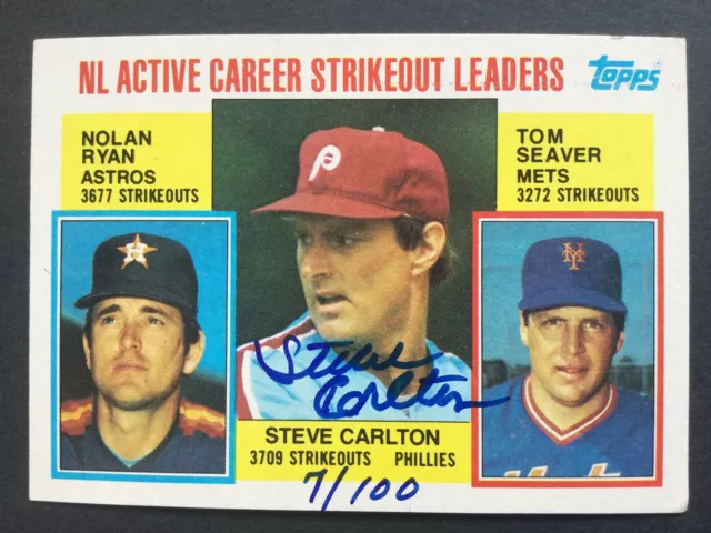 1984 Topps AUTO /100 Nolan Ryan Tom Seaver Steve Carlton #707 Strikeout Leaders 1984 Topps AUTO /100 Nolan Ryan Tom Seaver Steve Carlton #707 Strikeout Leaders