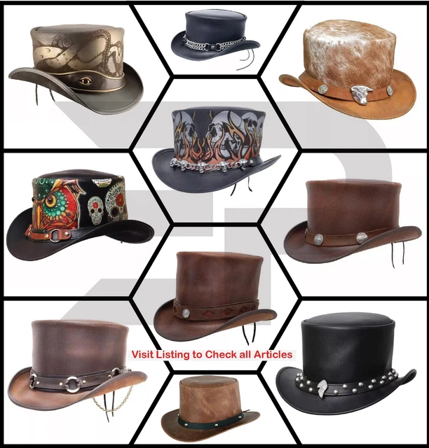 Chapeau Haut-de-forme En Cuir Steampunk – Motard, Gothique, Western, Noir Artisanal