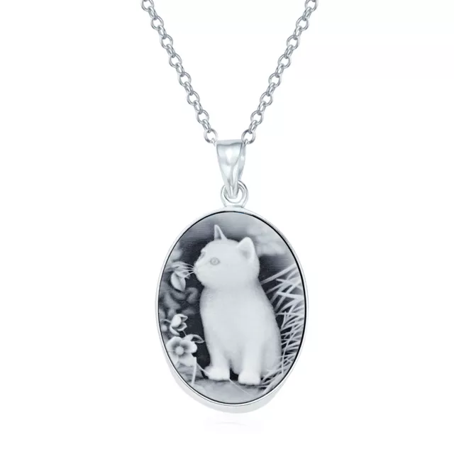 Vintage Style Black Kitten Cat Cameo Necklace Sterling Silver