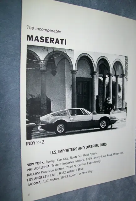 1970 Maserati Indy 2+2 auto show program ad -w/ US importers & distributors