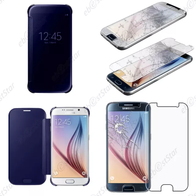 Housse Coque View Clear Cover Bleu Fonc� pour Samsung Galaxy S6 G920F + Verre