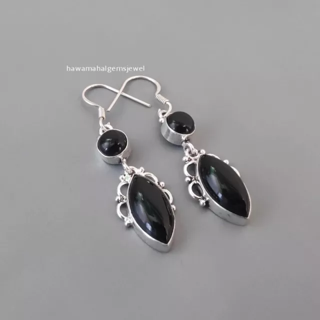 925 Sterling Silver Natural Black Onyx Gemstone Handmade Earrings