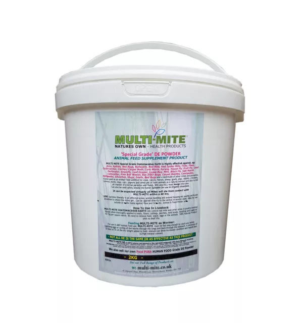 MULTI MITE 2KG Bucket DIATOMACEOUS EARTH Red Mite Flea Worm DE Powder Feed Grade