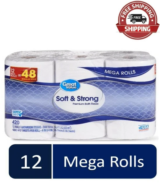 GREAT VALUE PREMIUM Bath Tissue Toilet Paper 12 Mega Rolls, Soft