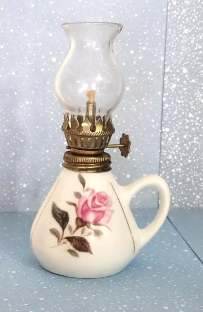 Vintage Finger Miniature Oil Lamp Hand Blown Lamp Shade Working Gold Trim Rose 2