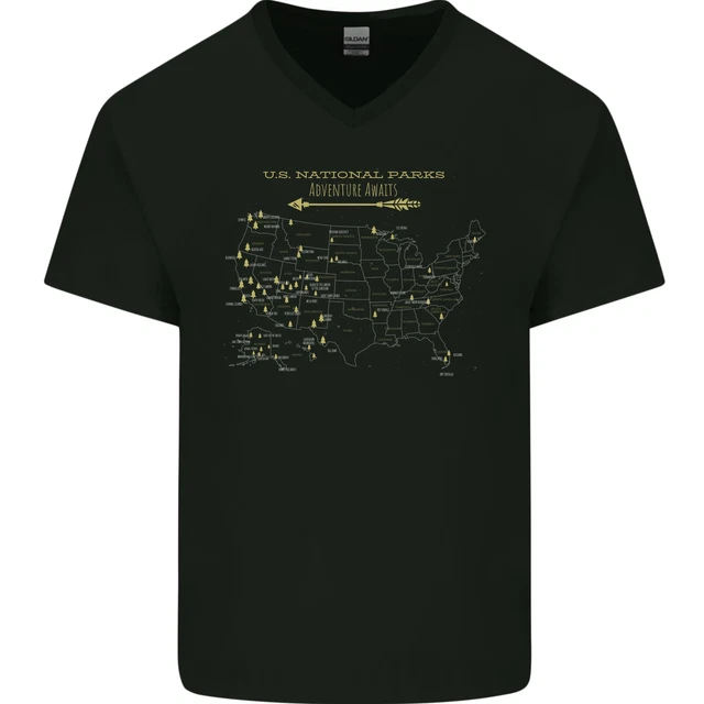 US National Parks Hiking Trekking Walking Mens V-Neck Cotton T-Shirt