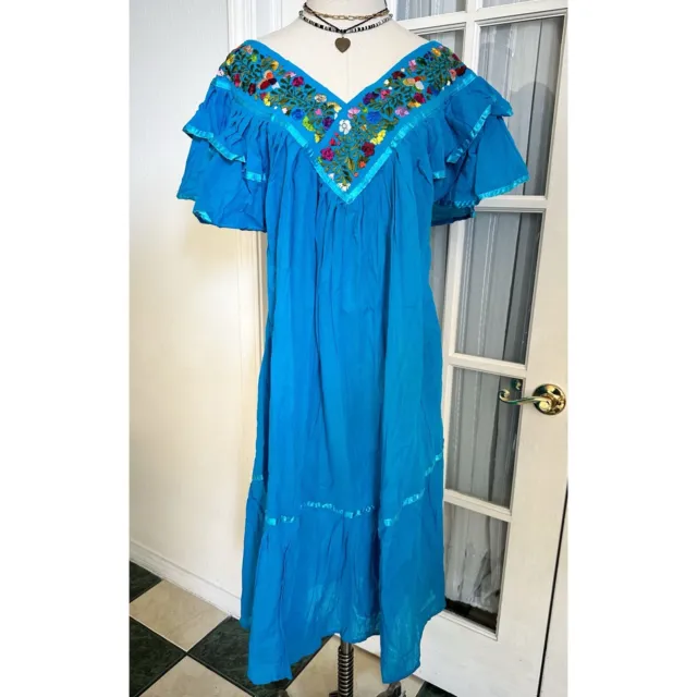 Mexican Linen Summer Dress V-neckline San Antonino Embroidery XL