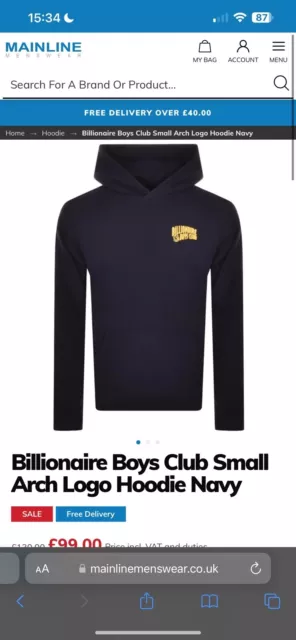 Billionaire Boys Club Small Arch Logo Hoodie Navy  Mens Size Large. Worn Once.