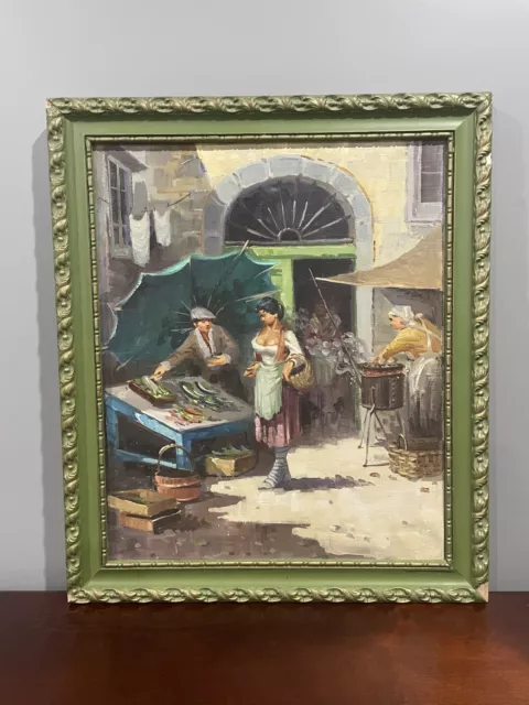 VINTAGE 1960s OIL PAINTING  ITALIAN STREET MARKET SCENE FRAMED 24 1/4“ X 20 1/2”