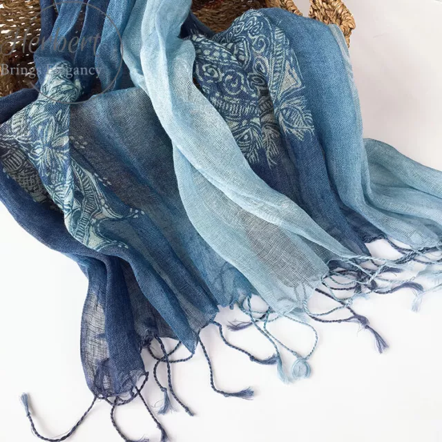 Autumn/Winter Linen Tie-Dye Scarf Gradient Blue Wax Tassel Warm Silk 3