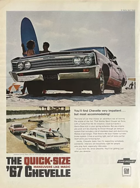 1967 Vtg Print Ad Chevrolet Chevelle Car Surfing Beach Station Wagon GM Auto