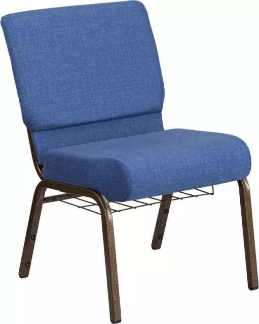 21'' Wide Blue Fabric Church Chair with Book Rack and Gold Vein Frame