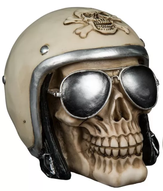 Spardose Totenkopf mit Motorradhelm und Sonnenbrille Skull Deko Sparschwein ()