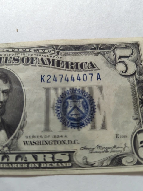 US $5 Five Dollar SILVER CERTIFICATE Series 1934A - Blue Seal 2