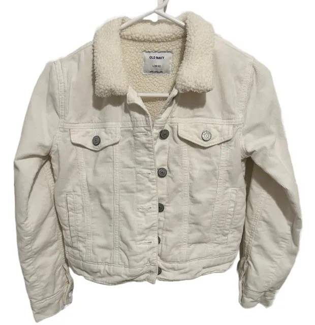 Old Navy Brand White Corduroy Jacket With Sherpa Fleece Lined Girls Size 10-12