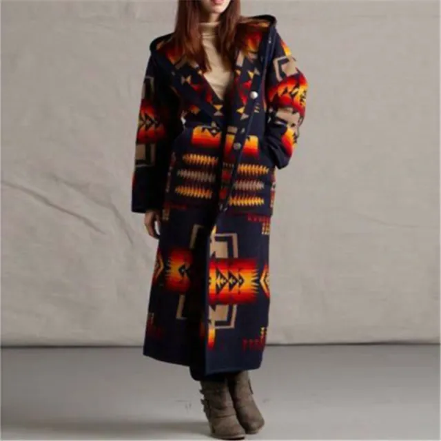 Women Winter Warm Retro Print Hooded Jacket Overcoat Long Coat Outwear Plus Size 3