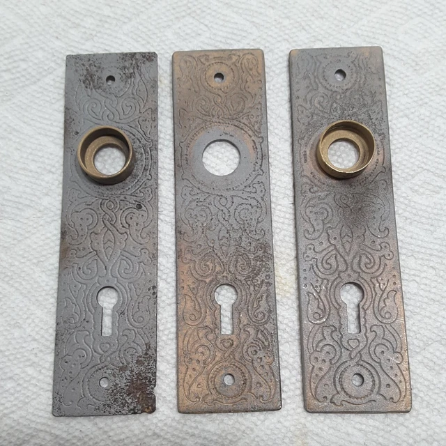 Set 3 Antique Ornate Victorian Vintage Door Knob Back Plates EASTLAKE Style 2