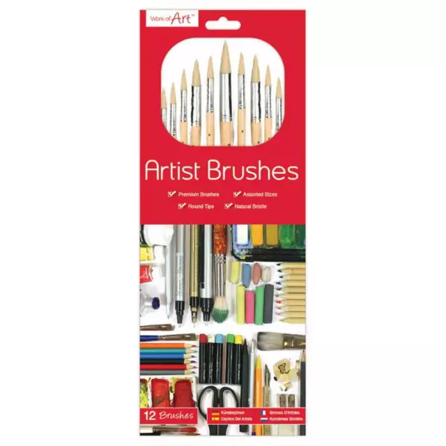 Pack of 12 Artist ROUND TIP Paint Brushes Set Small & Large Sizes Thin & Thick