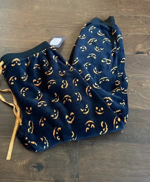 Pillow Talk  womens Halloween Cat Print Plush Pajama Pants New XL Orange black