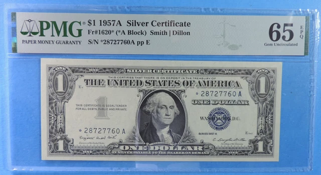 1957 A $1 One Dollar Silver Certificate Star Note PMG 65 EPQ FR# 1620* Graded