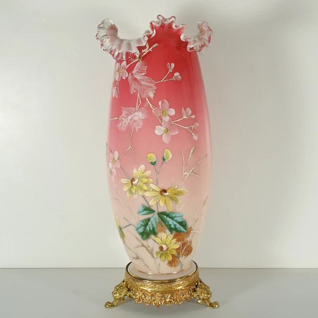 ANTIQUE VICTORIAN ENAMEL Glass Vase Peach Blown Cased Glass Ruffled Rim