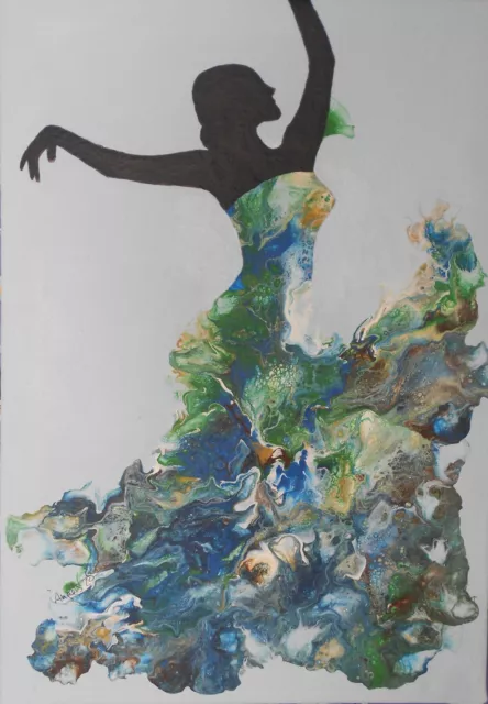 Pintura hecha a mano técnica pouring.Colección bailarina 100. Medidas 39x 28 cm.