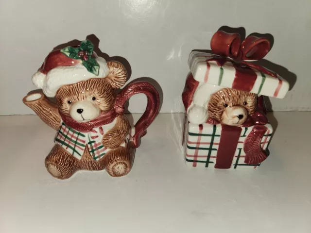 Vintage FITZ & FLOYD "Teddy Bear Plaid" Creamer and Sugar with Original Box 1991