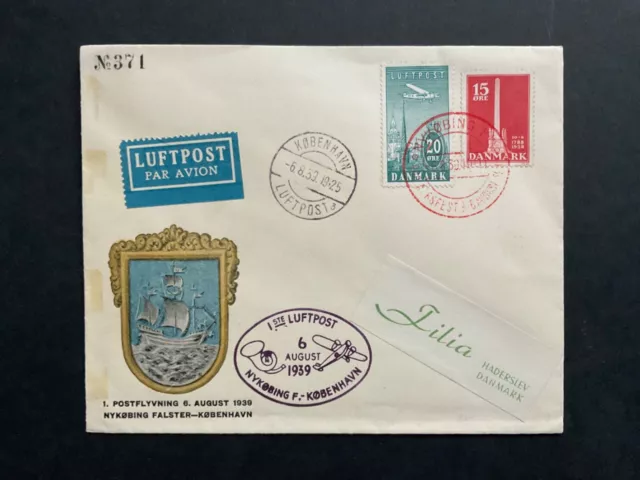 Postal History - Denmark 1939 1st flight Nykoping - Copenhagen