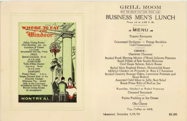 RARE 1931 THE WINDSOR HOTEL Montreal Canada "GRILL ROOM LUNCH MENU POSTCARD" VG