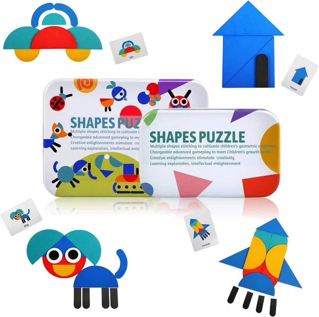 155 Pezzi Tangram Legno Bambini, Giochi Legno Montessori Tangram Puzzle con 12 Carte Fronte-Retro, Forme Geometriche bambini dai 3 Anni in su per Giochi Didattici di Primo Apprendimento